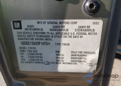 2003 Chevrolet Silverado 1500Hd Lt z USA, uszkodzony, nr VIN 1GCGC13U23F147531